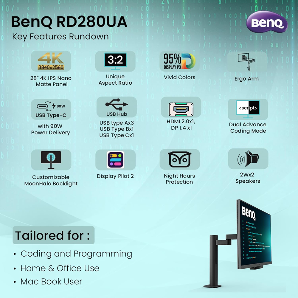 BENQ RD280UA 28.2” 4K+ 3840X2560 3:2 SPECIAL RATIO PROGRAMMING MONITOR WITH ERGO-ARM AND BACKLIGHT 2 BENQ RD280UA 28.2” 4K+ 3840X2560 3:2 SPECIAL RATIO PROGRAMMING MONITOR WITH ERGO-ARM AND BACKLIGHT